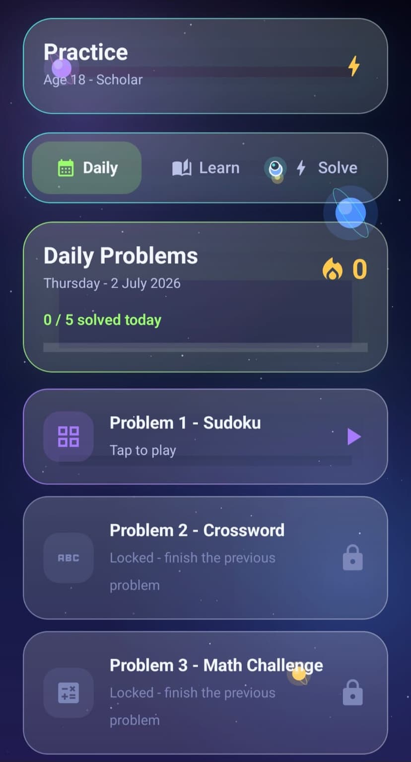Raksham practice screen with daily puzzle list